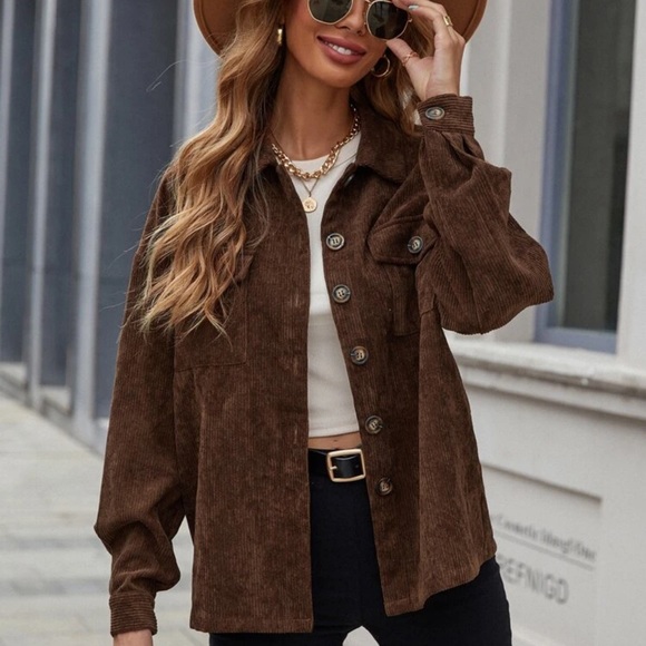 Corduroy boyfriend oversized shacket jacket button up boho tiktok tan khaki - Picture 7 of 14